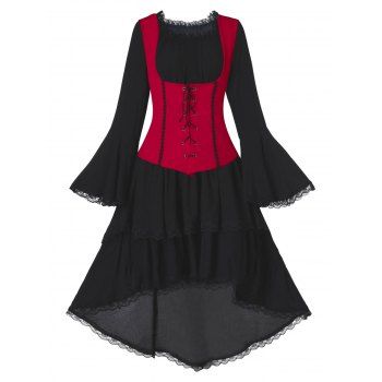 

Long Sleeve Vintage Layered Asymmetrical Corset Dress, Black