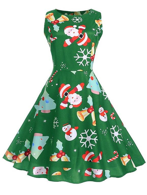 Robe de Noël Imprimé Vintage Evasée et Ajustée - Vert Pomme M