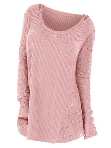 Plus Size Long Sleeves Lace Panel Cutout Tee