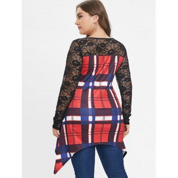 

Plus Size Lace Panel Plaid Long Sleeves Tee, Red