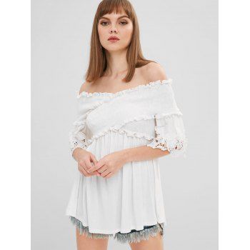 

Off Shoulder Appliques Criss Cross Ruched T-shirt, White