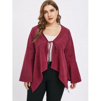 

Plus Size Asymmetric Flare Sleeves Tie Coat, Red wine