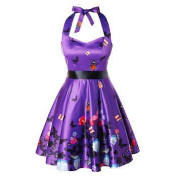 

Plus Size Halter Backless Floral Flare Dress, Purple iris