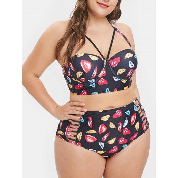 

Lip Print Plus Size Halter Neck Bikini Set, Black