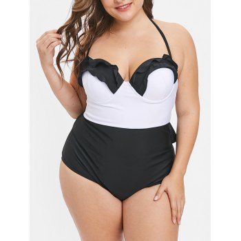 

Plus Size Color Block Ruffle Trim Swimwear, Black