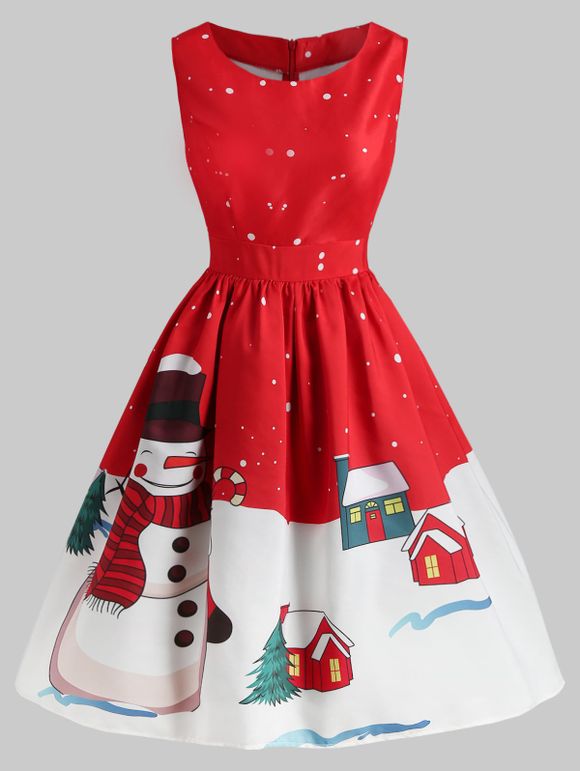 Robe de Noël Vintage Bonhomme de Neige Imprimé - Rouge S