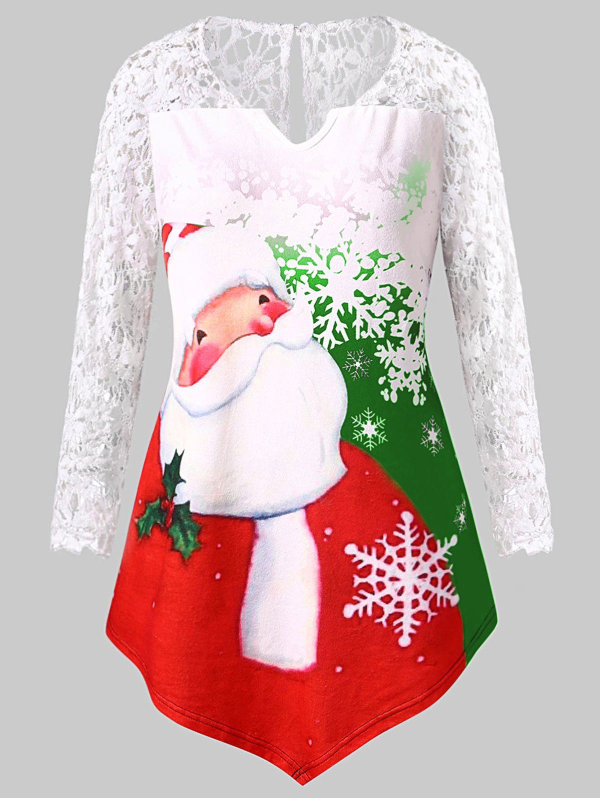

Christmas Plus Size Santa Claus Print Lace Panel Tee, Seaweed green