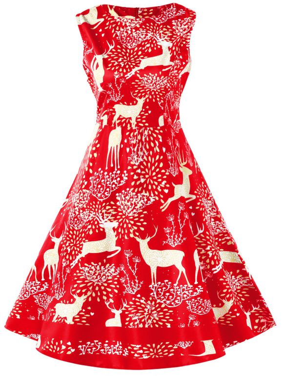 Robe Vintage Cerf de Noël Imprimé - Rouge XL