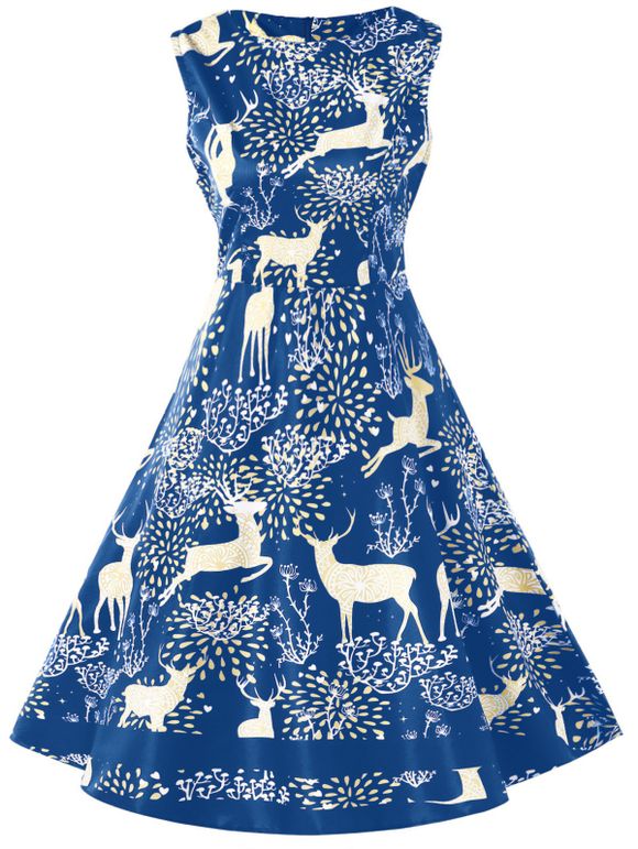 Robe Vintage Cerf de Noël Imprimé - Bleu Myrtille M