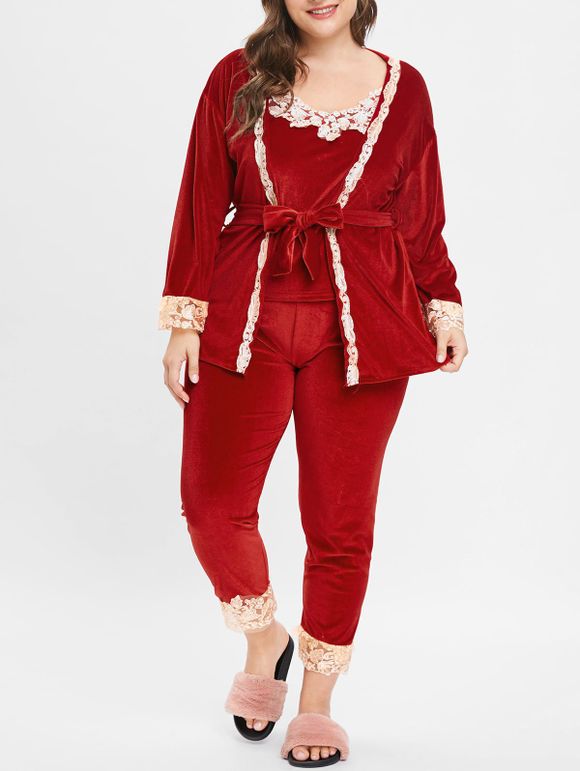 Pyjama en Dentelle Insérée de Grande Taille avec Robe - Rouge 1X