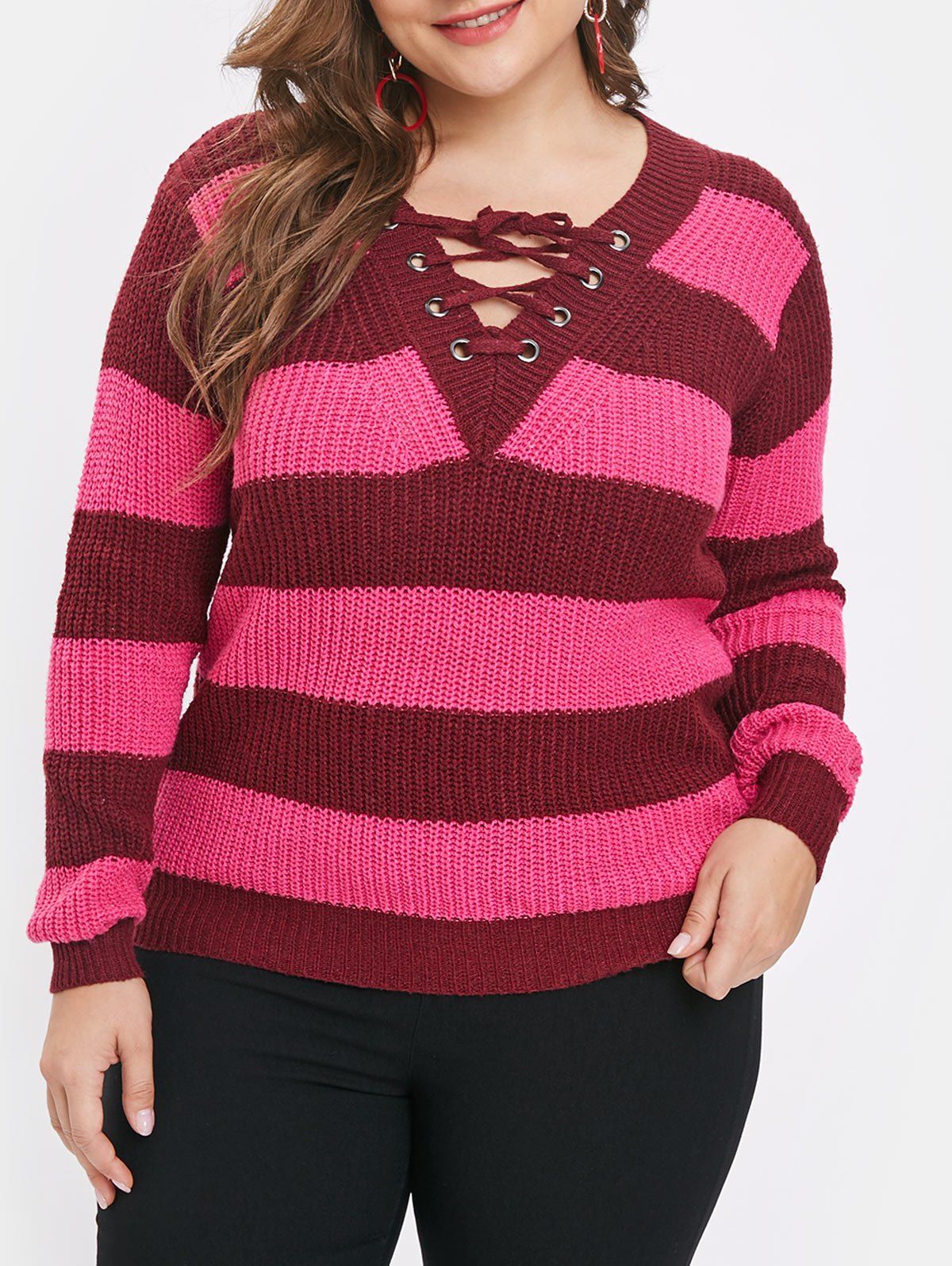 

Plus Size Color Block Striped Panel Sweater, Rose red