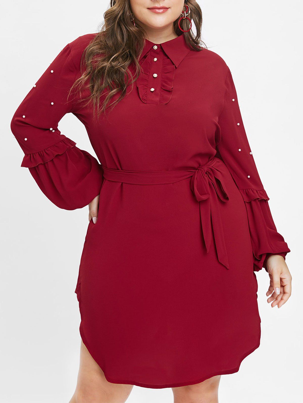 

Plus Size Long Sleeves Faux Pearls Ruffles Dress, Red