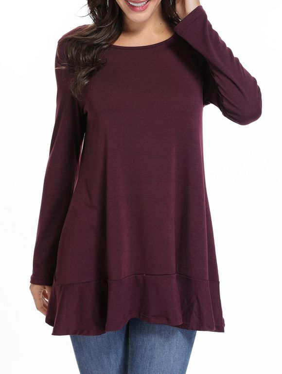 Lace Panel Ruffles Trim Tunic T Shirt - RED WINE M