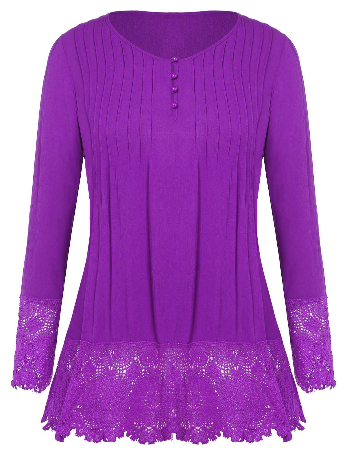

Plus Size Button Detail Lace Panel T-shirt, Purple
