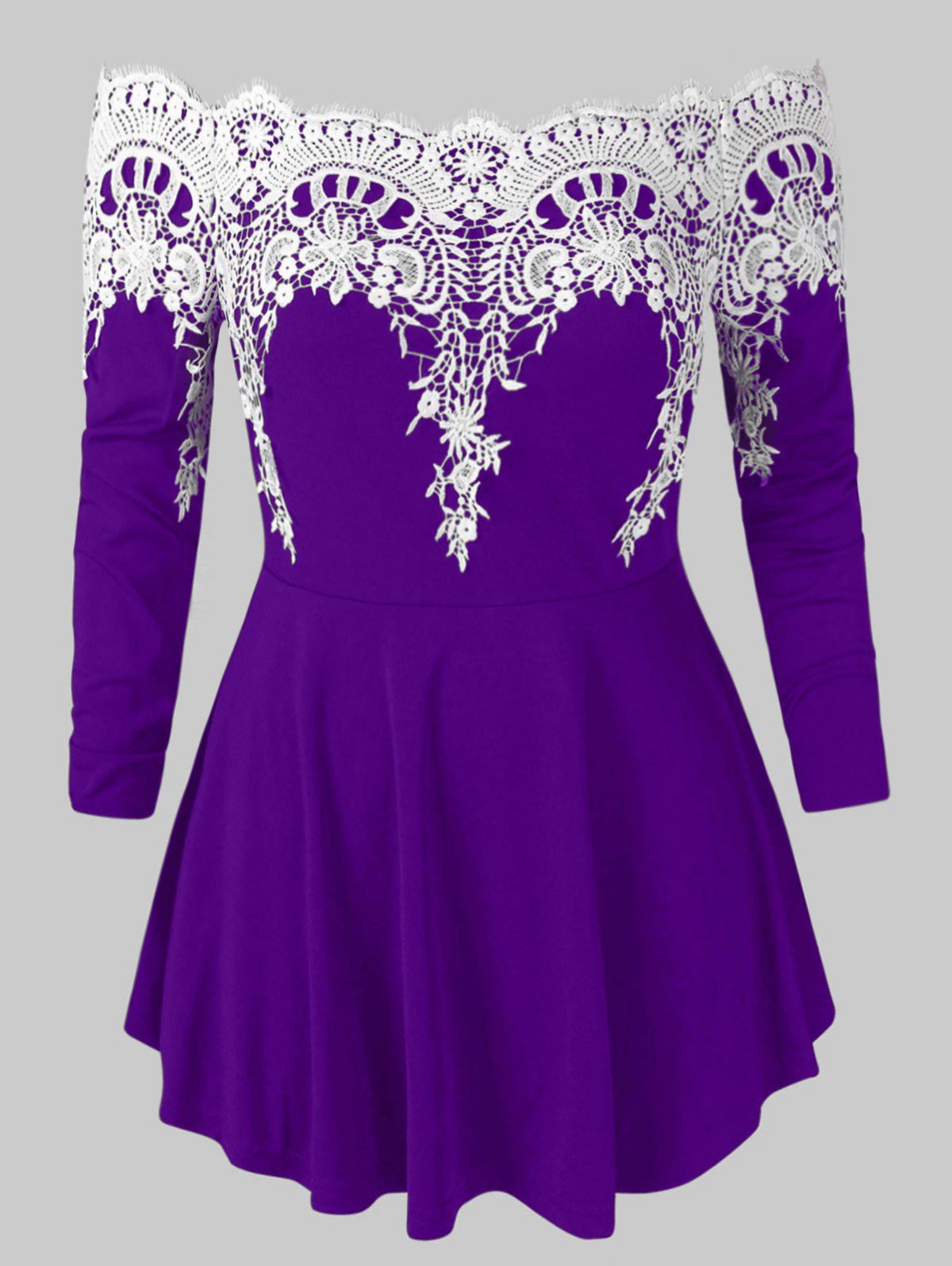 

Plus Size Off Shouldr Lace Trim Peplum Tee, Purple