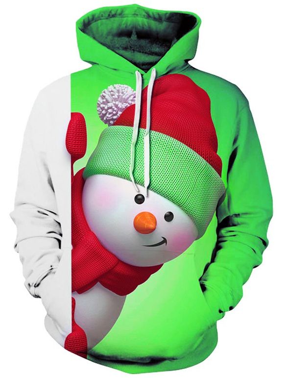 Sweat à Capuche de Noël 3D Bonhomme de Neige Imprimé avec Poche Kangourou - Vert Jaune 2XL