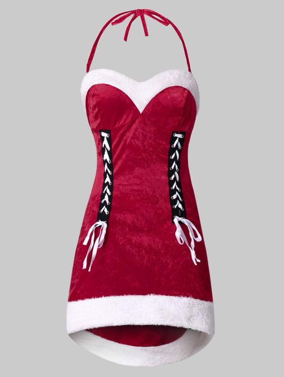 Robe de Noël Haute Basse de Grande Taille à Col Halter Sans Dos - Rouge 5X