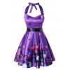 Robe Evasée Fleurie Sans Dos de Grande Taille à Col Halter - Iris Pourpre 1X