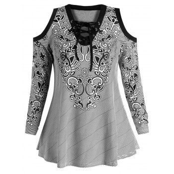

Plus Size Cold Shoulder V Neck Stripe Floral Print T-shirt, Black