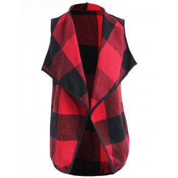 

Open Front Pockets Plaid Vest, Red wine