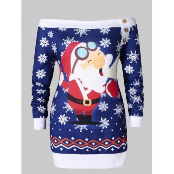 

Plus Size Santa Claus Snowflake Off Shoulder Christmas T-shirt, Deep blue