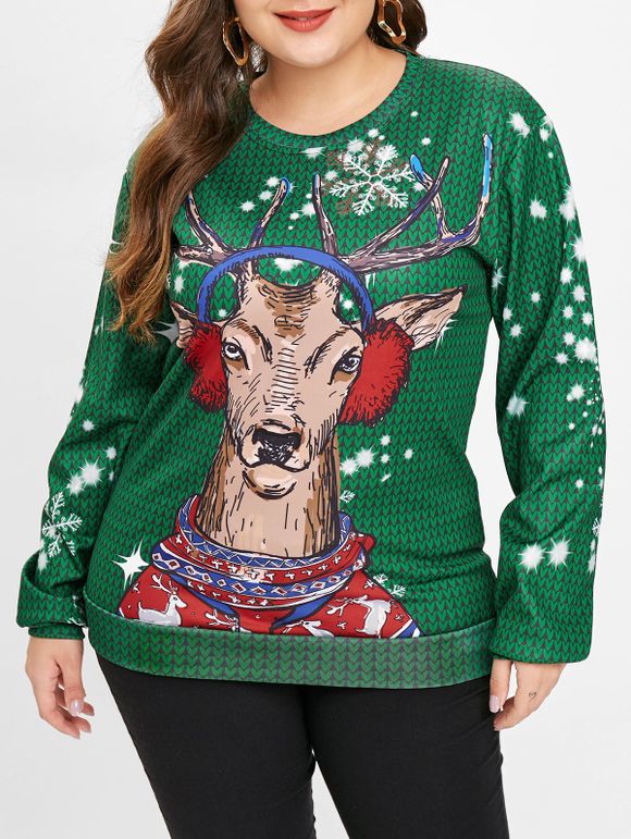 Sweat-shirt grande taille à imprimé cerfs de Noël - Vert 3X