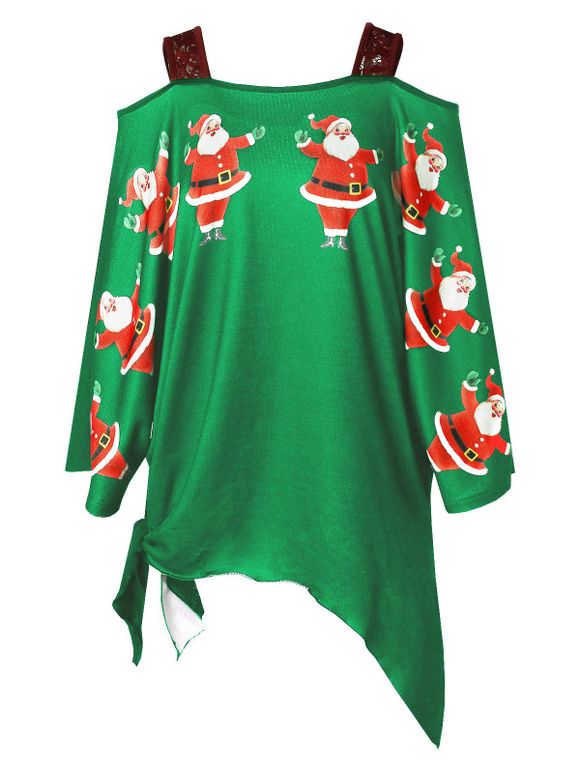 T-shirt Asymétrique Père Noël Imprimé de Grande Taille - Vert Trèfle 5X