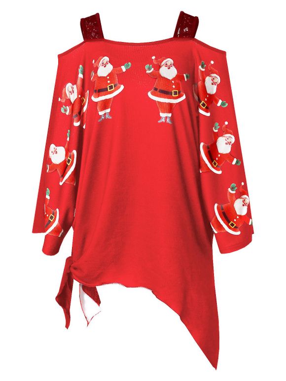 T-shirt Asymétrique Père Noël Imprimé de Grande Taille - Rouge 1X