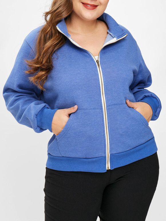 Sweat-shirt Zippé de Grande Taille avec Poche en Avant - Bleu de Soie 2X