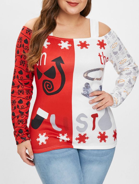 T-shirt de Noël Graphique à Epaule Dénudée de Grande Taille - Rouge 5X