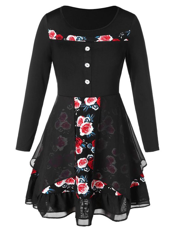 Robe Haute Basse Multicouche Fleur Imprimée Grande Taille - Noir L
