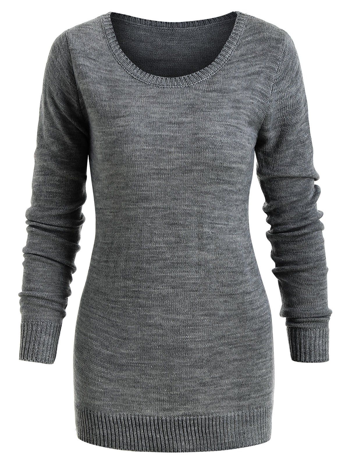 Pullover Sweater with Striped Scarf - GRAY M
