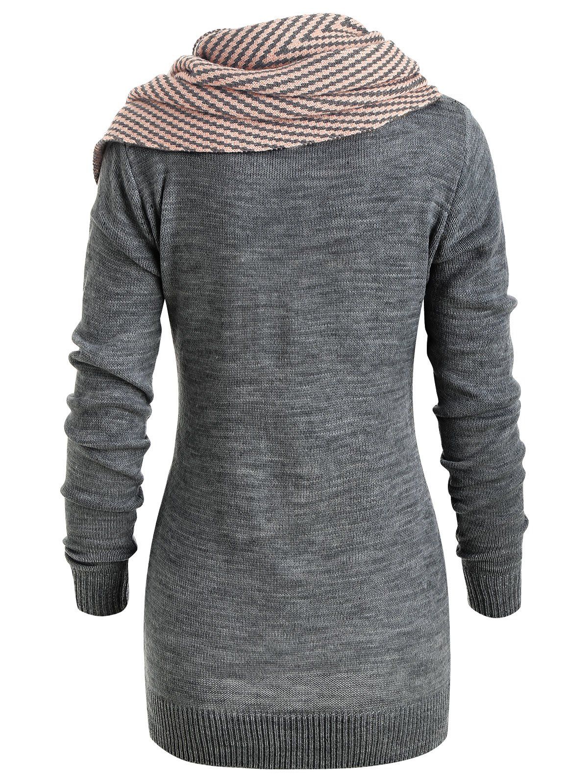 Pullover Sweater with Striped Scarf - GRAY M