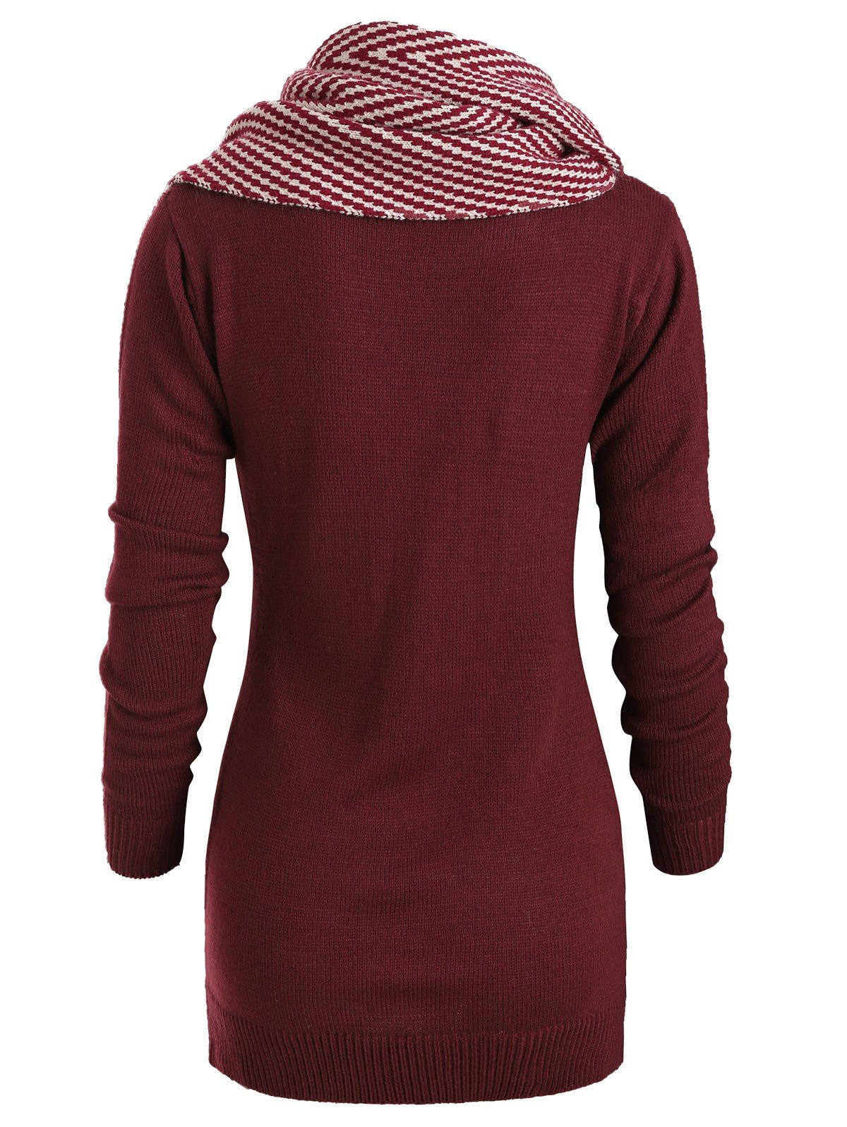 Pullover Sweater with Striped Scarf - RED WINE M