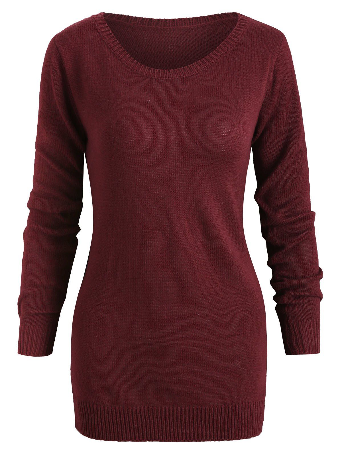 Pullover Sweater with Striped Scarf - RED WINE M