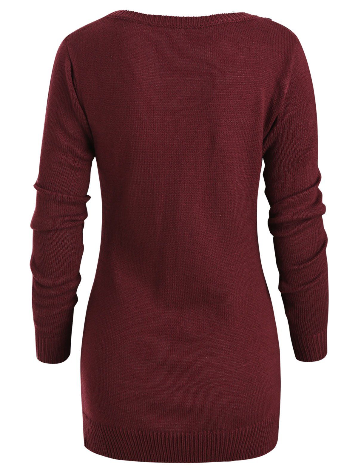 Pullover Sweater with Striped Scarf - RED WINE M