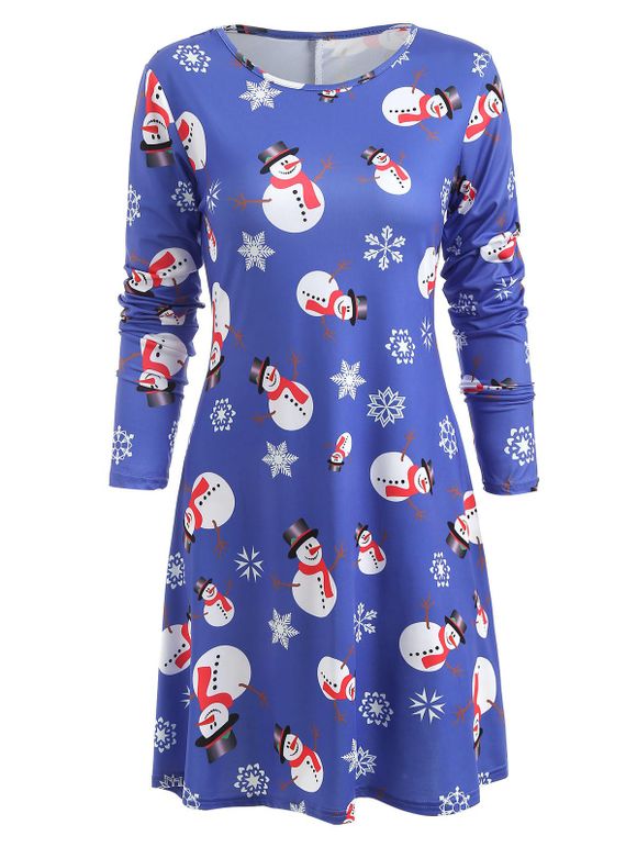 Robe de Noël Trapèze Bonhomme de Neige Imprimé - Bleu Océan M