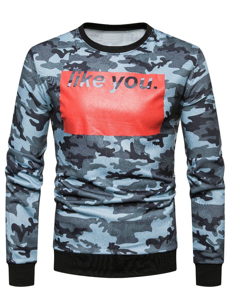 Sweat-Shirt Motif Camouflage à Imprimé Blocs de Couleurs et Inscription - Bleu Koi XL
