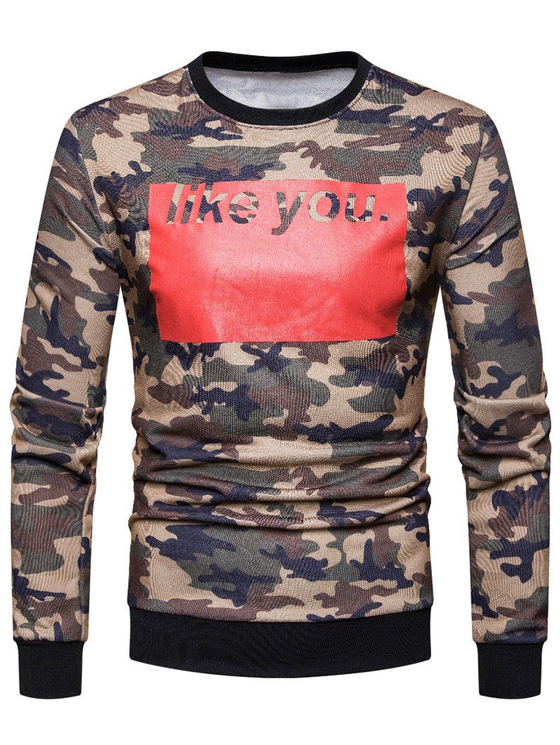 Sweat-Shirt Motif Camouflage à Imprimé Blocs de Couleurs et Inscription - Bois S
