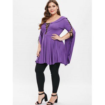 

Plus Size Flare Sleeve Lace Up Peplum T-shirt, Purple monster