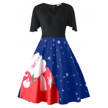 

Plus Size Christmas Santa Claus Print Vintage Dress, Blueberry blue