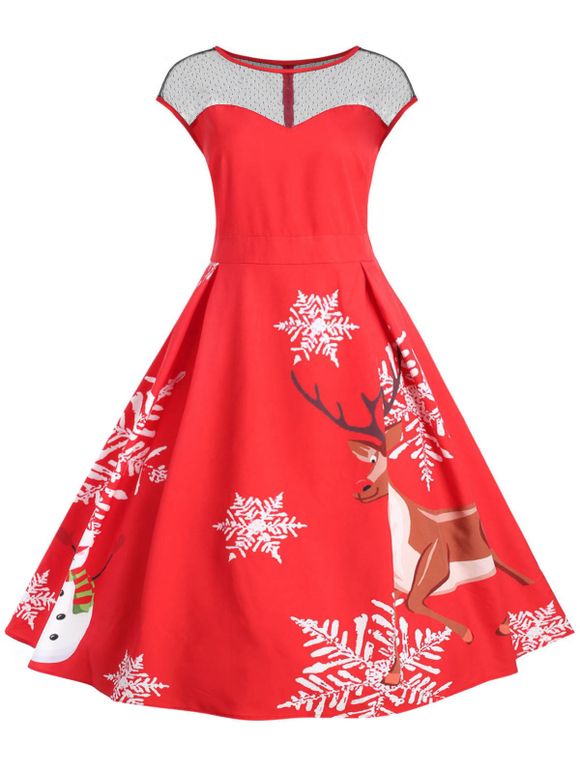 Plus Size Lace Panel Vintage Christmas Flare Dress - RED 4X