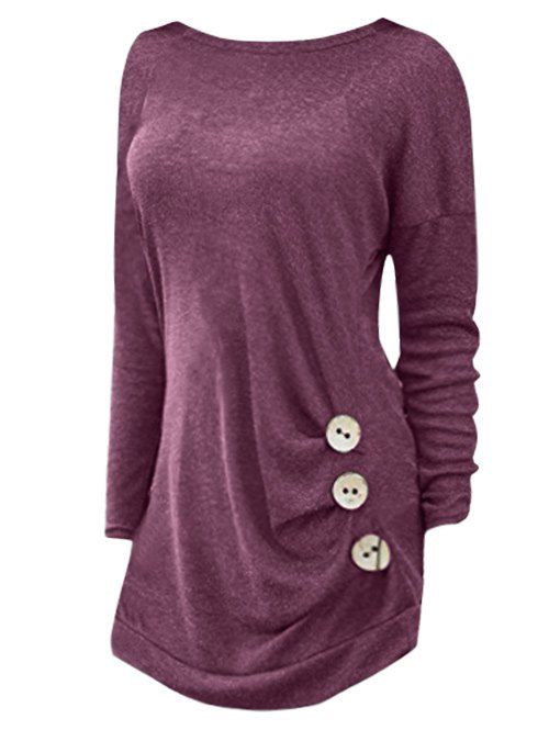 T-shirt Bouton Détaillé Latérale de Grande Taille à Manches Longues - Violet Alto 2X