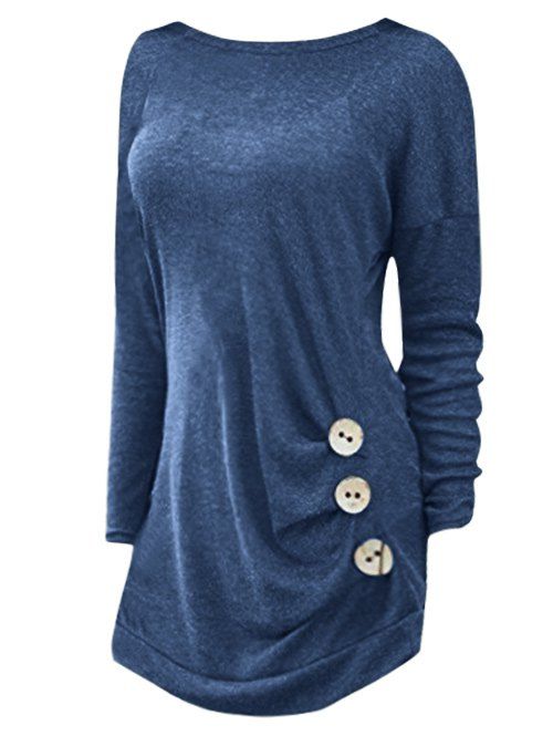 T-shirt Bouton Détaillé Latérale de Grande Taille à Manches Longues - Bleu 5X