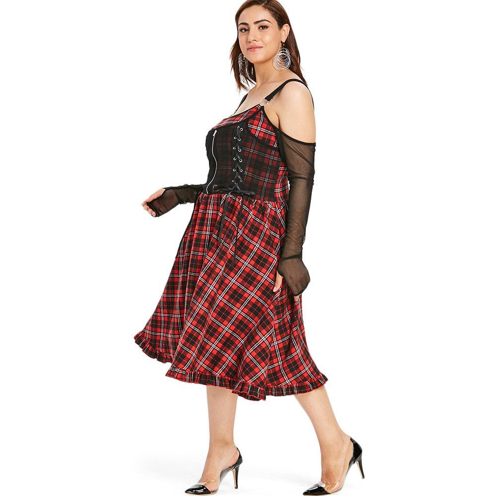 

Plus Size Ruffles Mesh Panel Cold Shoulder Dress, Multi
