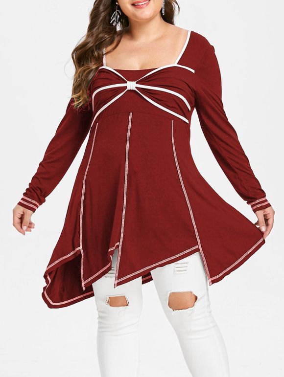T-shirt Embelli de Nœud Papillon de Grande Taille à Col Carré - Rouge Vineux L