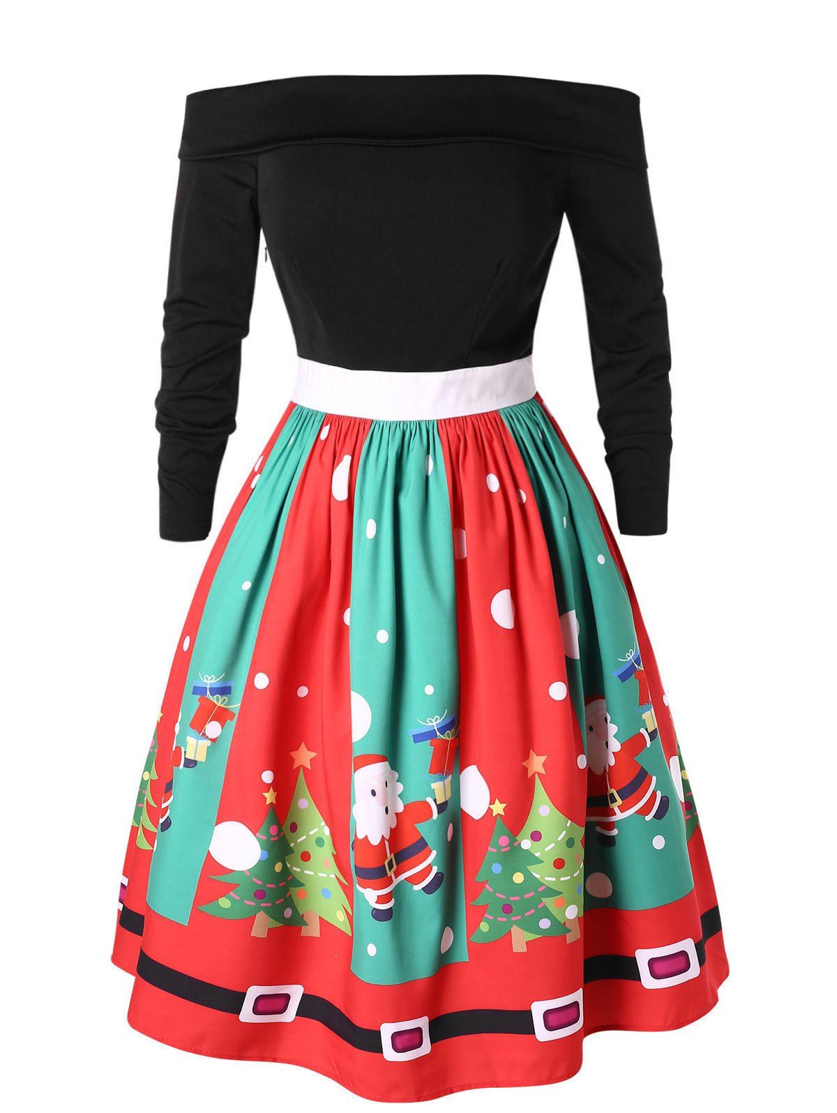

Plus Size Off The Shoulder Santa Claus Print Christmas Dress, Black
