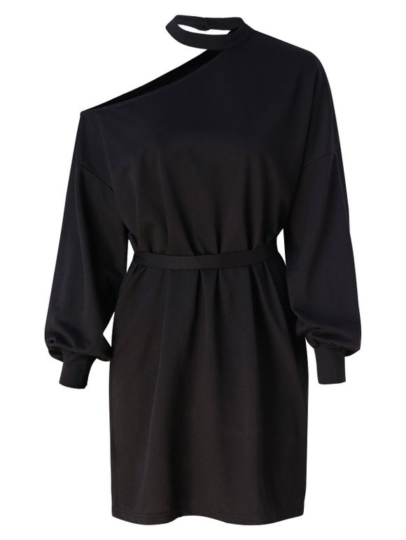 Mini Robe Ceinturée à Epaule Dénudée - Noir XL