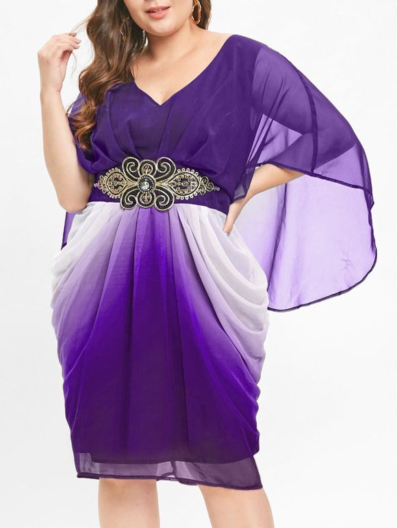 Robe Longueur à Genou Embellie de Ceinture de Grande Taille à Col V - Fleur Violet 2X