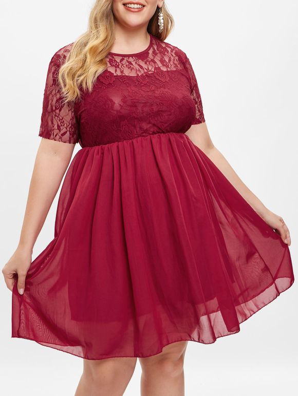 Robe Ligne A en Dentelle Inséré Grande Taille - Rouge Vineux 2X